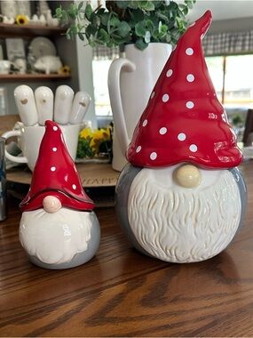 Ceramic Gnome Figurines with Hats. Large is 11 inches, small is 7.